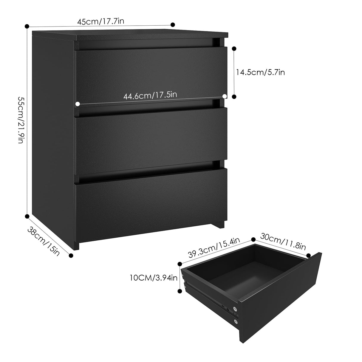 FOTOSOK Black Nightstand with 3 Drawers, Black Bedside Table Night Stand for Bedroom with Cut-Out Handle, Sofa Side Table 3 Drawer Nightstand for Bedroom, 17.7W*15D*21.7H FOTOSOK