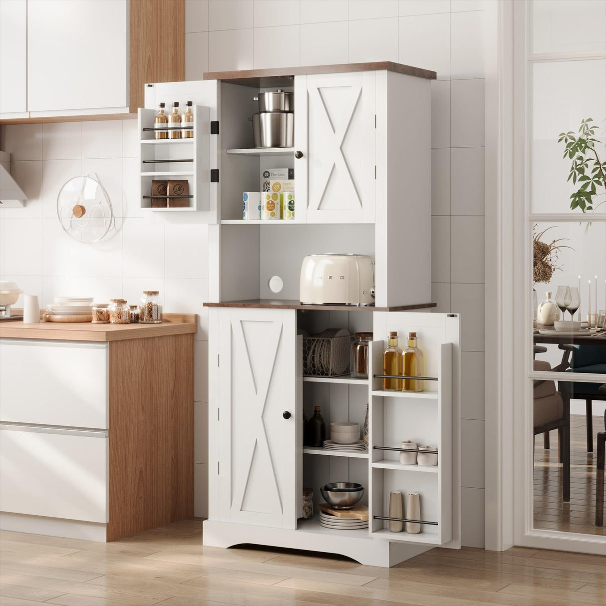 Apicizon 72" Kitchen Pantry Cabinet, Freestanding Kitchen Pantry Storage Cabinets with Barn Doors & Shelves, Utility Hutch Cabinet, Cupboard Organizer for Dining Room Living Room Bathroom Apicizon