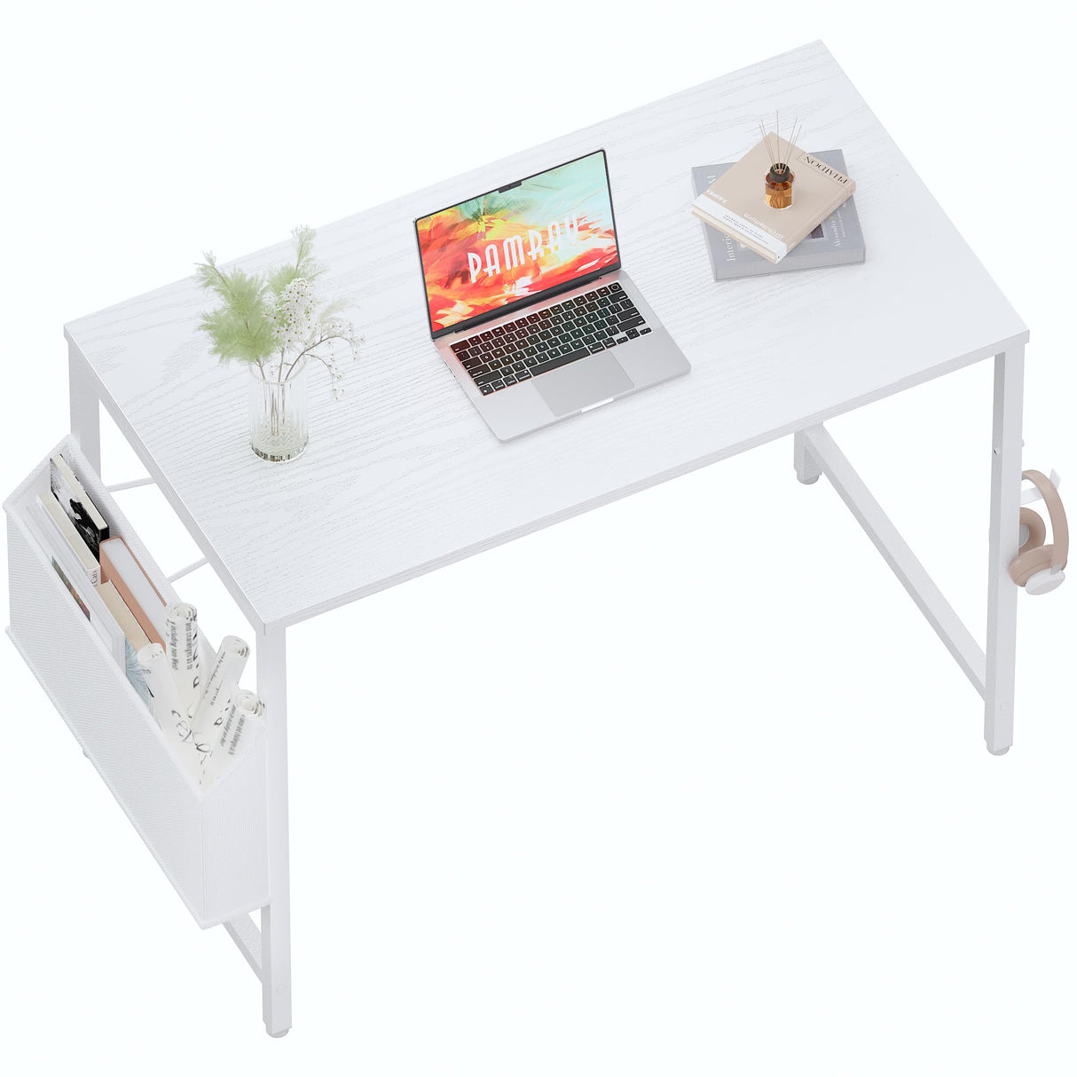 Pamray 32 Inch Computer Desk Small Spaces Desk with Storage Bag for Bedroom Writing and Home Office Work Small Study Desk Table White Pamray