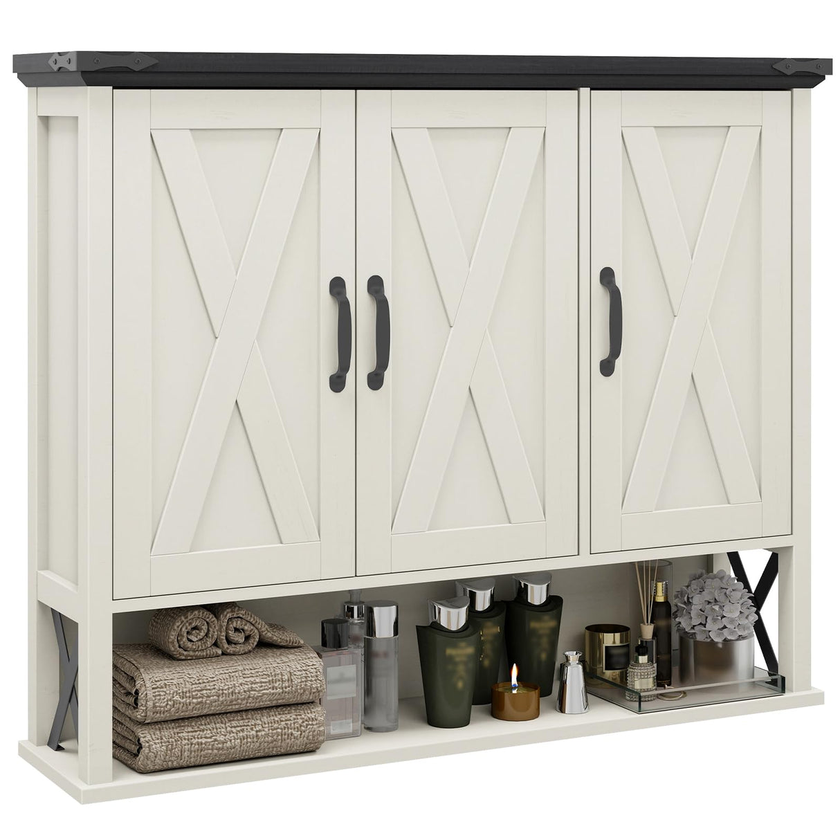 Halitaa Bathroom Wall Cabinet, Farmhouse Medicine Cabinet with Adjustable Wood Shelf & 3 Doors, Over The Toilet Storage Cabinet for Wall Mounted for Bathroom Laundry Room Kitchen, White and Black Halitaa