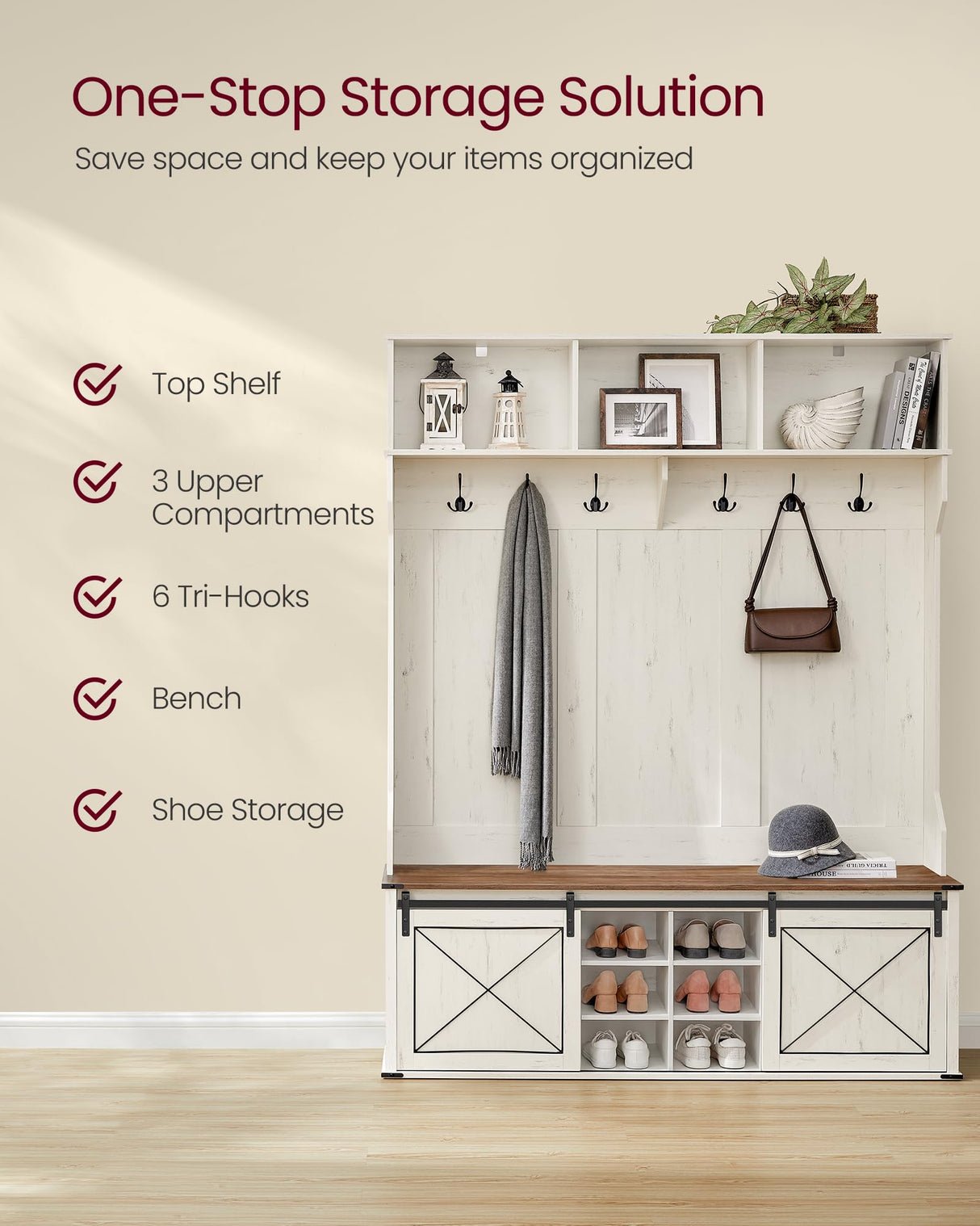 VASAGLE Hall Tree with Bench and Shoe Storage, Coat Rack with Shoe Bench, Entryway Furniture, 6 Tri-Hooks, Sliding Door, Farmhouse Style, Space Saving, Rustic White and Honey Brown UHSR443W01 VASAGLE