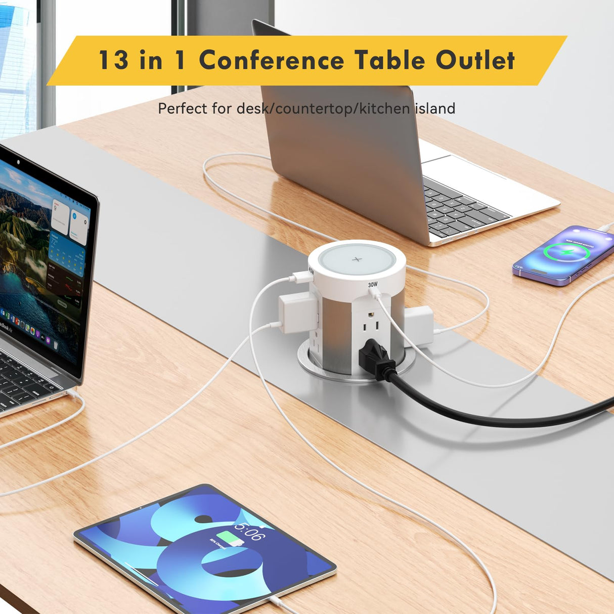 Kungfuking Pop Up Outlet for Countertop Kitchen, 15W Wireless Charger, 75W USB C Counter Top Electrical Power, 8 Outlets & 4 USB Ports, 4"Hole Recessed Popup Outlet for Island Conference Table Office Kungfuking