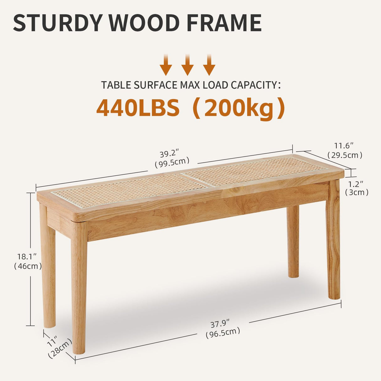 Jimenuco 40" Wooden Dining Bench with Hand Woven Rattan Seat,Solid Wood Bench for Entryway,Living Room,Kitchen and Bedroom(Nature Wood,18" H Jimenuco