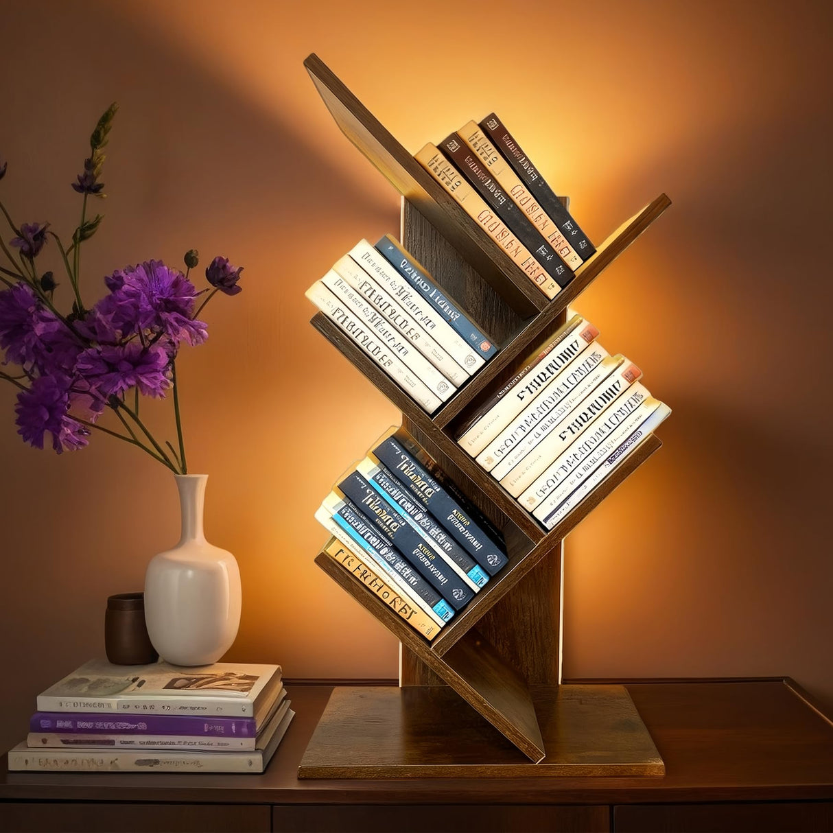 Godferyxin Tree Bookshelf with Liting,Small Bookshelf LED and Desktop Book Shelf for Office, Home or School Mini Bookcase for Wood Displaying Books, CDs, Magazines Wood Shelf Rack Godferyxin