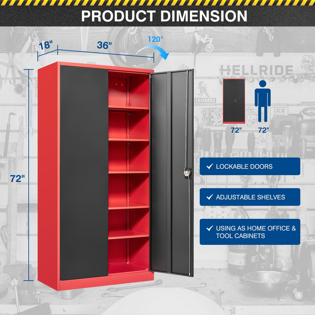 Fesbos Metal Storage Cabinet-72” Tall Steel File Cabinets with Lockable Doors and Adjustable Shelves-Black&Red Steel Storage Cabinet for Kitchen, Office, Garage Fesbos