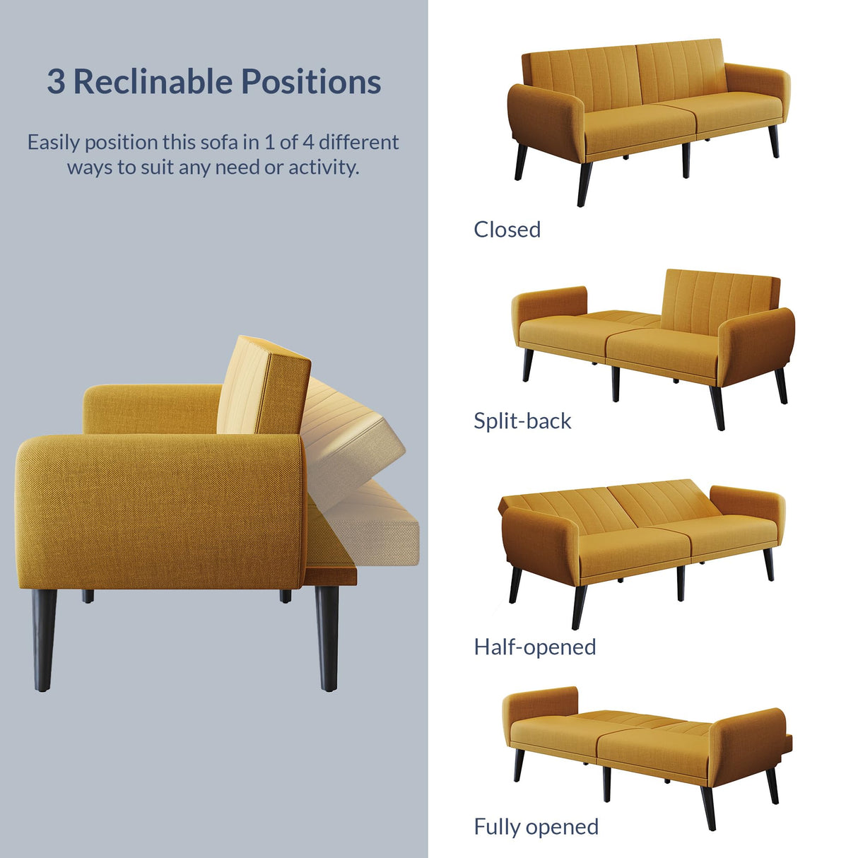 BELLEZE Adjustable Folding Sofa Bed, Upholstered Modern Convertible Futon, Sleeper Sofa for Living Room, Guest Room, Garage - Melrose (Yellow) BELLEZE