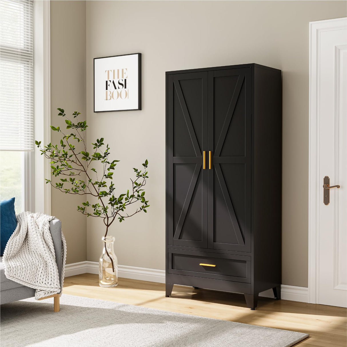 XIOMIOHTRQ Metal Wardrobe Cabinet, 71" Tall Armoire Wardrobe Closet with Drawer, Farmhouse Clothing Storage Cabinet for Bedroom, Laundry (Black, 1 Drawer) XIOMIOHTRQ