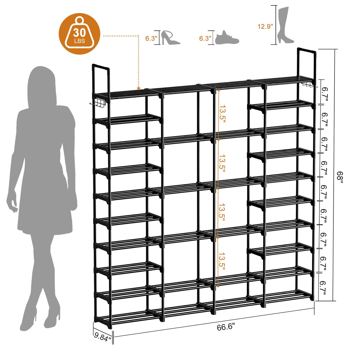 WOWLIVE 4 Row 10 Tiers Extra Large Shoe Rack 72-80 Pairs Big Tall Metal Shoe Shelf, Heavy Duty Organizer for Closet Entryway, Boot Rack Storage Stackable Stand for Garage Black WOWLIVE