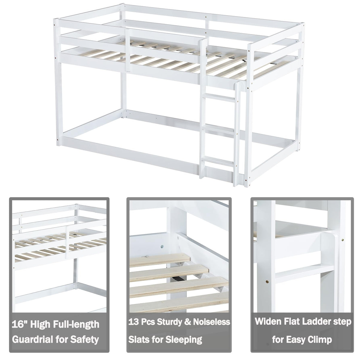 Anwick Low Bunk Bed Twin Over Twin, Floor Bunk Bed with Stairs, Twin Bunk Bed with High Rails Guardrail, Wooden Bunk Beds for Kids Girls Boys, No Box Spring Needed (White) Anwick