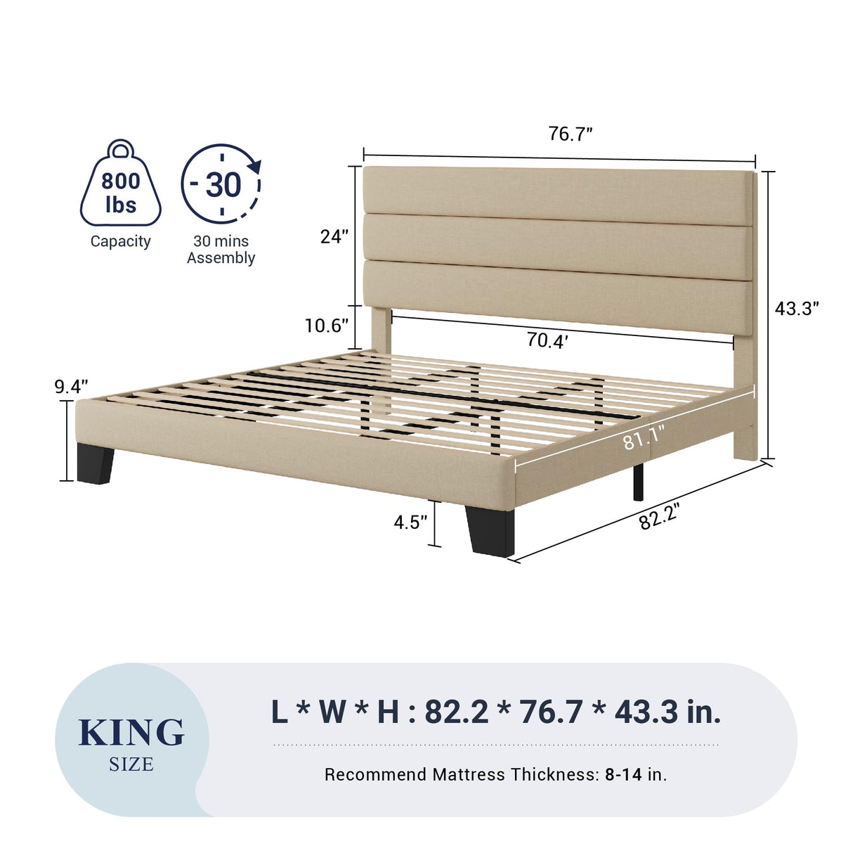 Allewie King Size Upholstered Bed Frame with Wooden Slats - No Box Spring Required, Easy Assembly in Beige Allewie