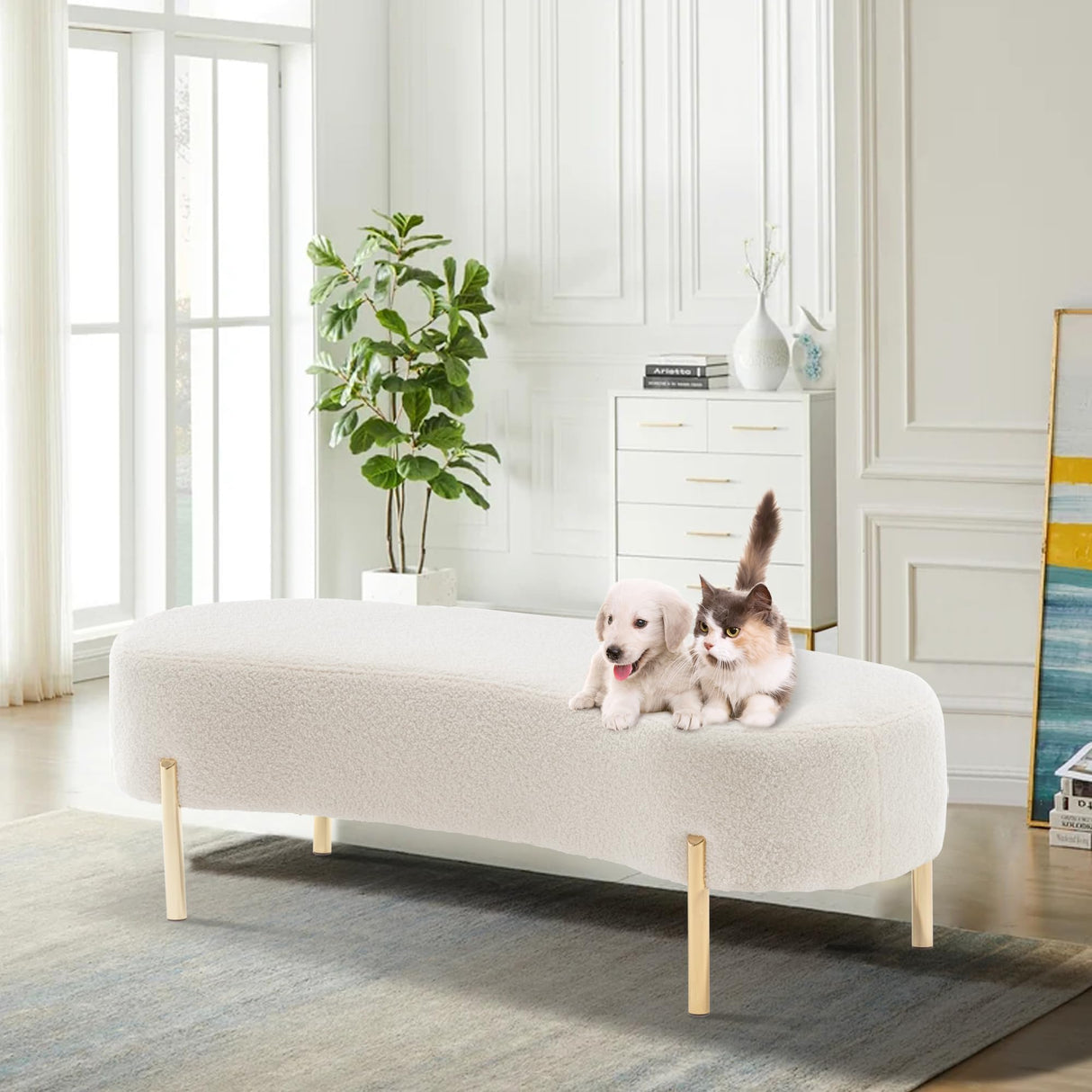 ALISH Upholstered Bench Modern Ottoman Bench Bed Bench Entryway Bench with Gold Legs for Living Room, Bedroom White ALISH
