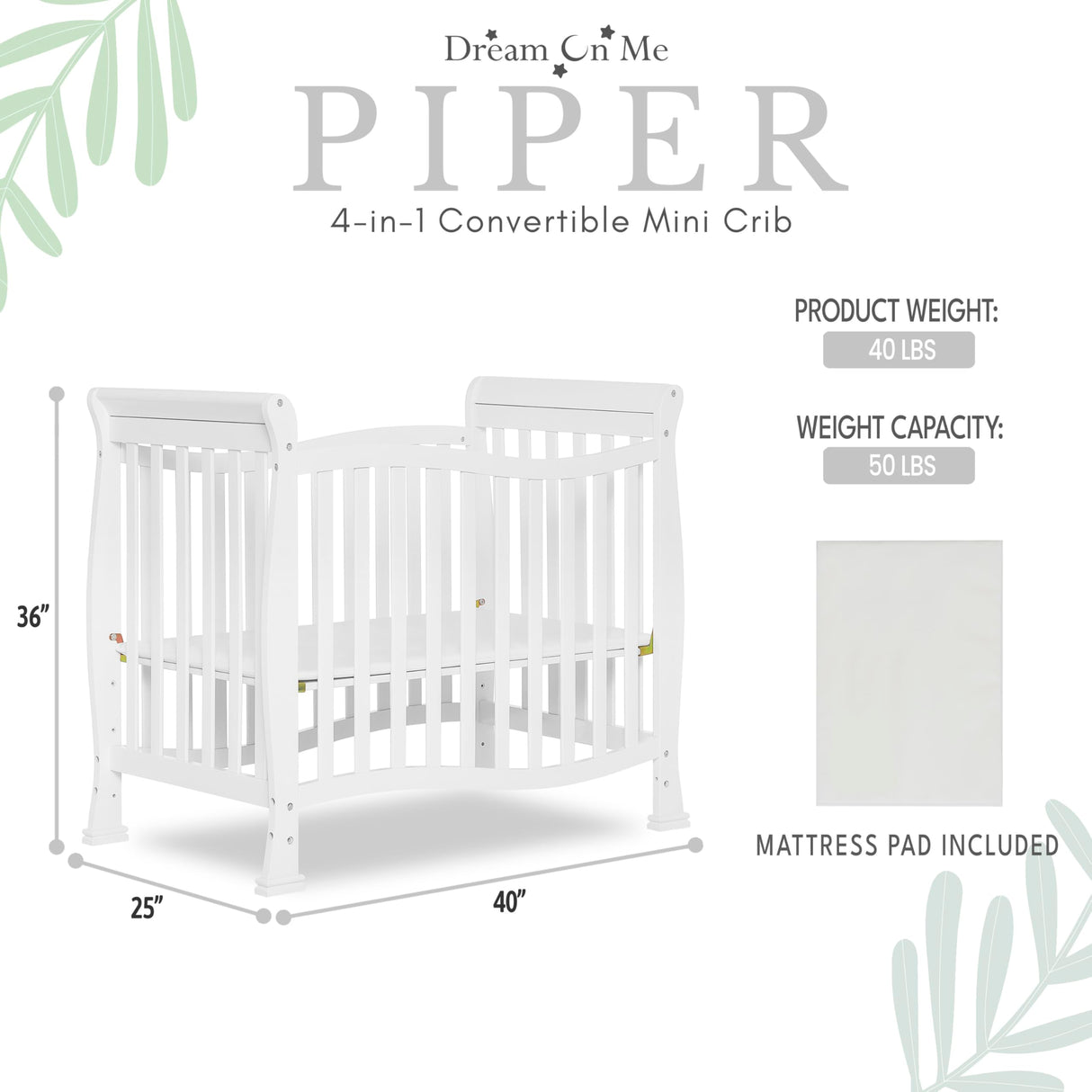 Dream On Me Violet 4-In-1 Convertible Mini Crib In White, Greenguard Gold Certified, JPMA Certified, 3 Position Mattress Height Settings, Non-Toxic Finish Dream On Me