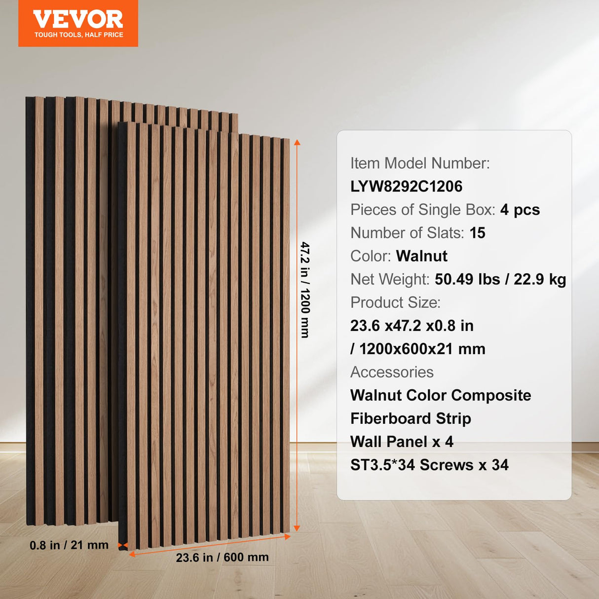 VEVOR Wood Slat Acoustic Panels, 23.6 x 47.2 in, 4-Piece MDF Accent Wooden Wall Panels, Faux Wood Wall Board Panels for Modern Interior Decor and Noise Reduction, Walnut VEVOR