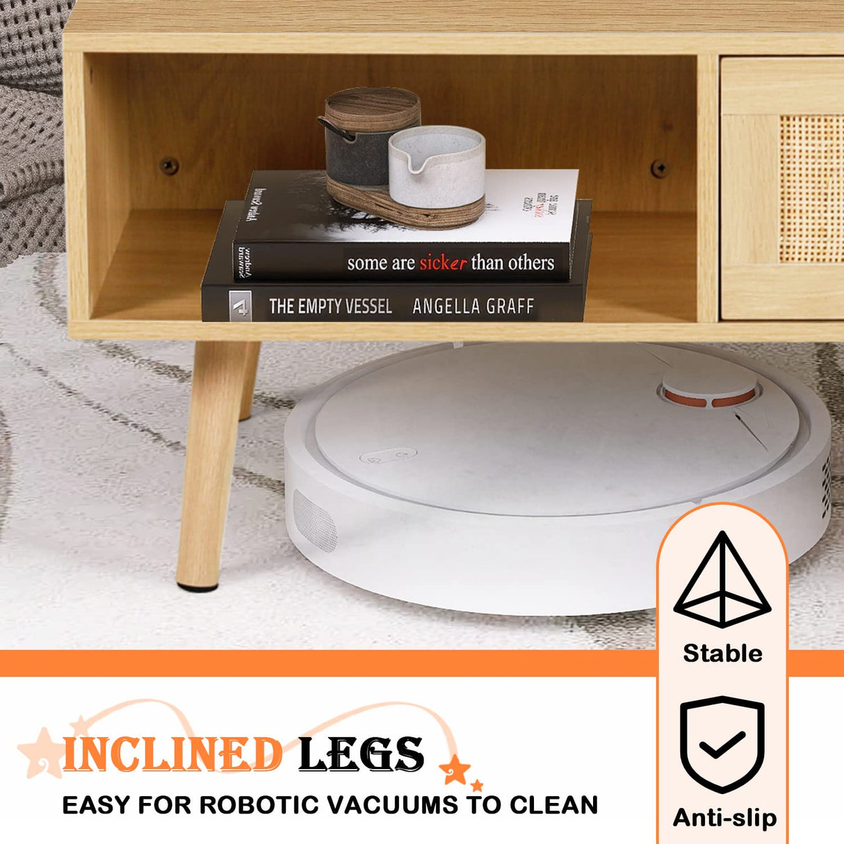 LAZZO Rattan Coffee Table Mid Century Modern Center Rectangular Tables with 2 Drawers and Open Storage Shelf Wooden Small Media Table for Home Living Room,Office Natural Wood LAZZO