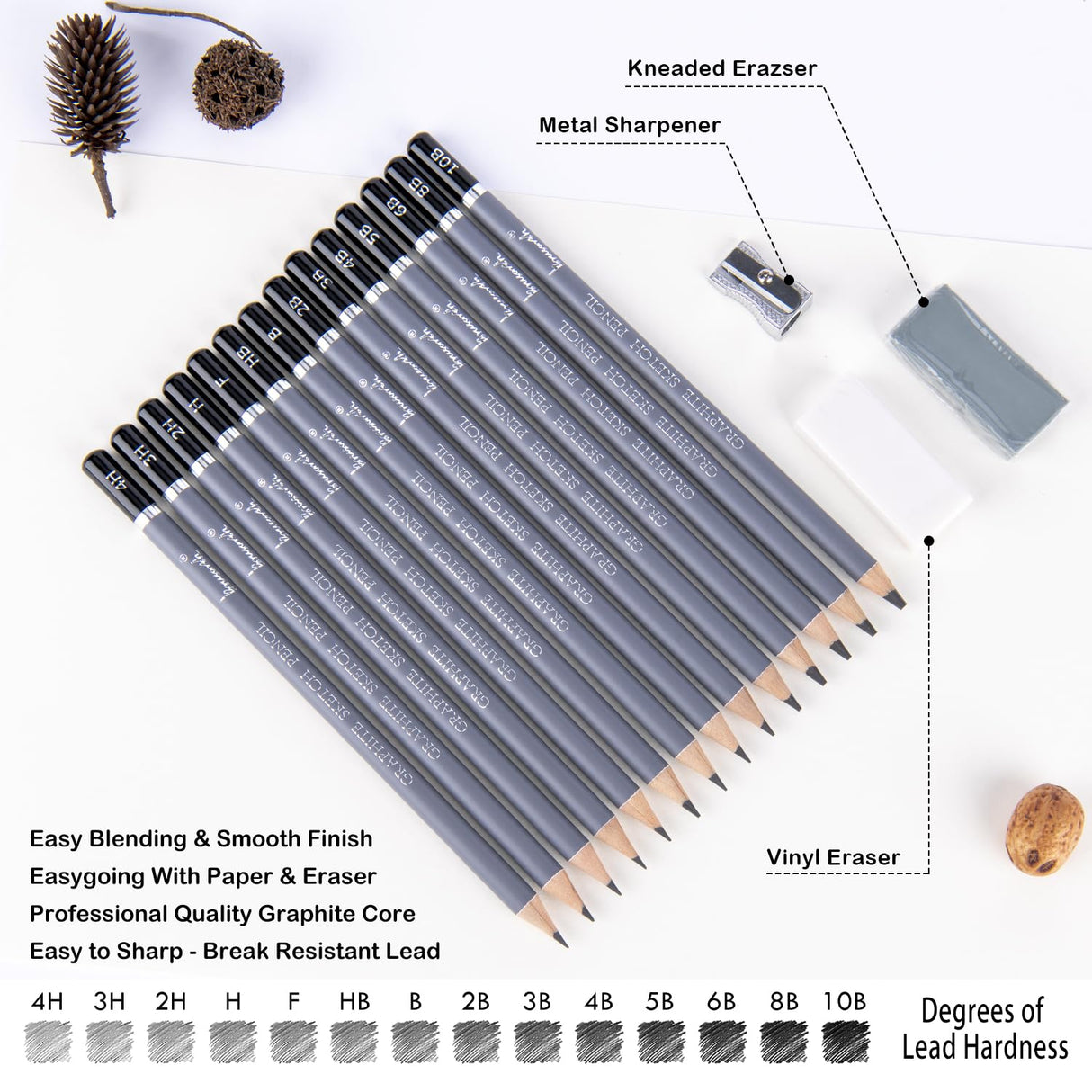 Brusarth Professional Sketch Pencils for Drawing Set - Graphite Pencils (4H-10B), Graphite Sticks, Erasers and Sharpener, Art Pencils for Sketching- Ideal for Artists and Beginners,17Pcs Brusarth