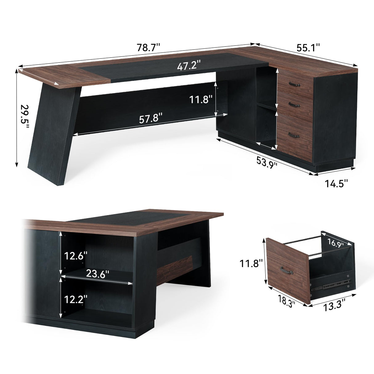 LITTLE TREE 78-Inch Executive Office Desk with File Cabinet, Large Modern Corner Office Desk for Home Office, 3-Drawer Wood File Cabinet, Spacious Workstation for Home Office (Brown & Black) LITTLE TREE
