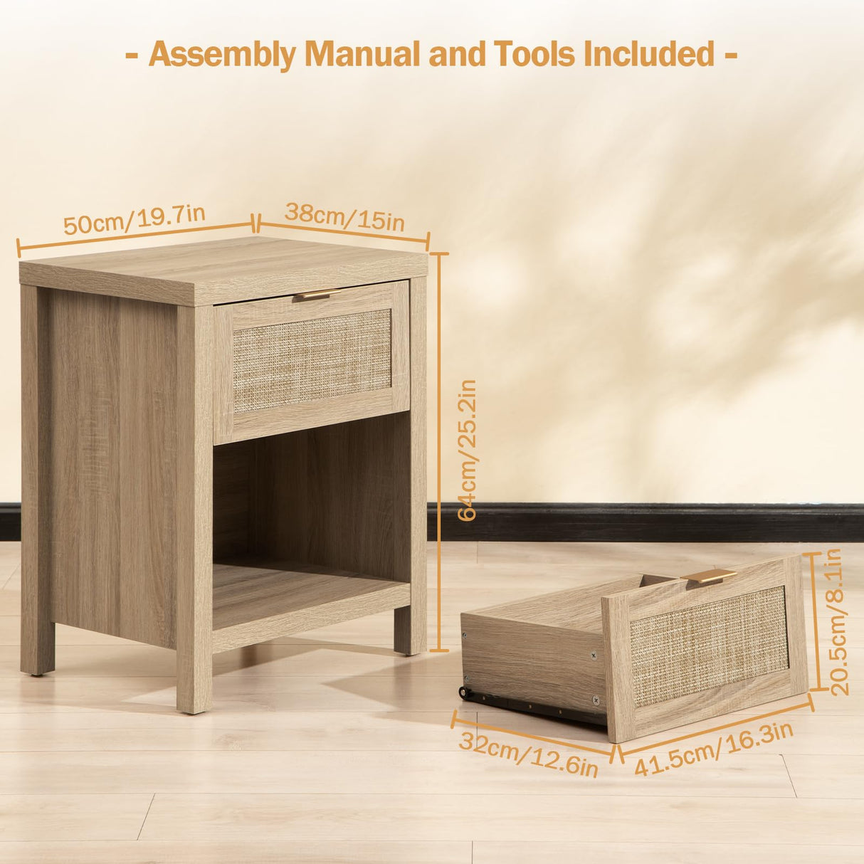 SICOTAS Rattan Nightstands Set of 2, Farmhouse Night Stands with Drawer Bedside Table - Boho End Table Side Table Accent Table for Bedroom Living Room, Light Oak Wood SICOTAS