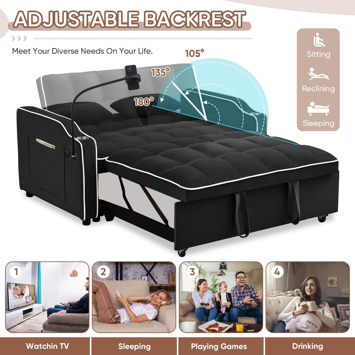 Sleeper Sofa Couch Bed with USB & Type C Port, Modern 3-in-1 Convertible Velvet Pull Out Loveseat Futon Sofa w/Phone Holder/Cup Holder for Living Room Apartment, Adjustable Backrest, Black Antetek