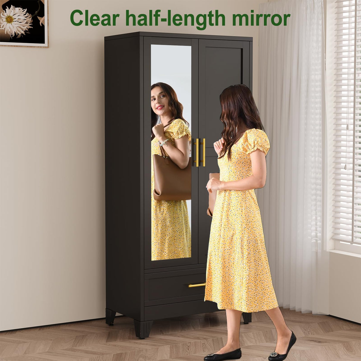 winiowa Metal Armoire Wardrobe Closet with Drawer, 71" Wardrobe Cabinet with Adjustable Shelves and Hanging Rod, Clothing Storage Cabinet Closet with Mirror for Bedroom-Black winiowa