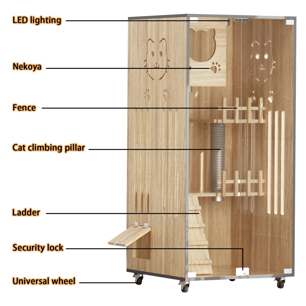 Wooden Cat House Large Space Cat Cage with Scratching Post, Wooden Indoor/Outdoor Cat Enclosure with Wheels, Multi-Feature Luxury Cat Villa for Indoor Cats Ventilation Glass Doors,50" X 24" X 24" HUATOL