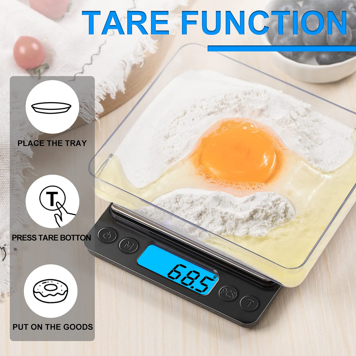 Digital Food Kitchen Scale Upgraded, YONCON 3000g/0.1g High Accuracy Mini Pocket Scale Measures in Grams and oz for Cooking, Baking, Jewelry, Tare Function,2 Trays, LCD Display (Batteries Included) Yoncon