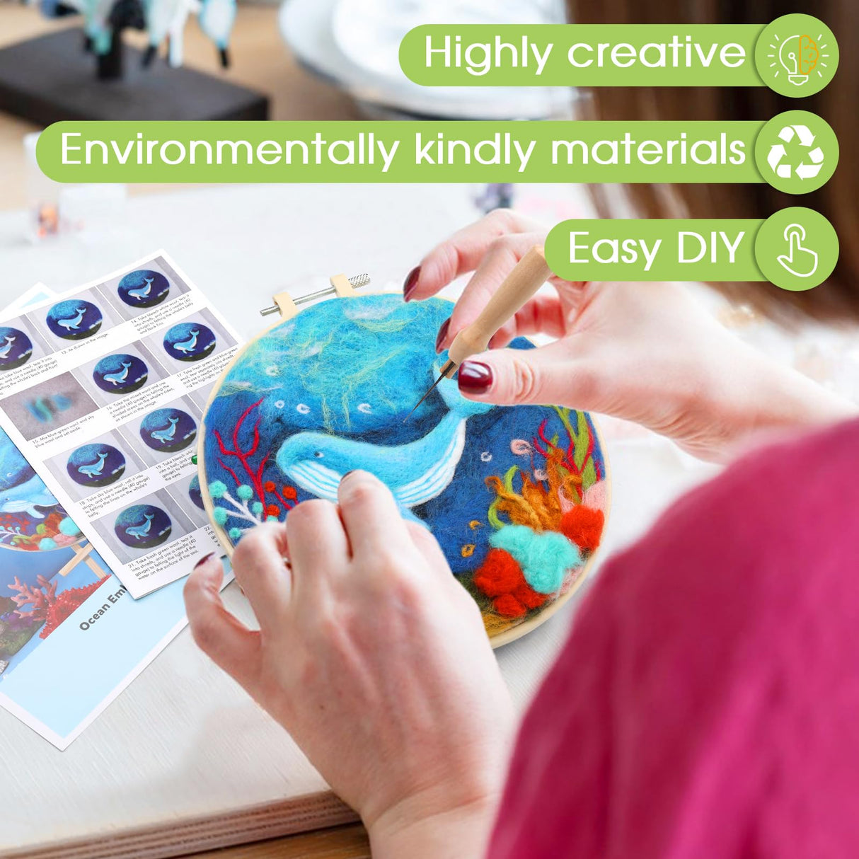 Fedmut Needle Felting Kit, Wool Felting Kit for Beginners Adult with Wool, Needles, Foam Pad, Felt Cloth and Instructions – 4 Set Sea Animals Painting Frame for Great Gift Decoration Fedmut