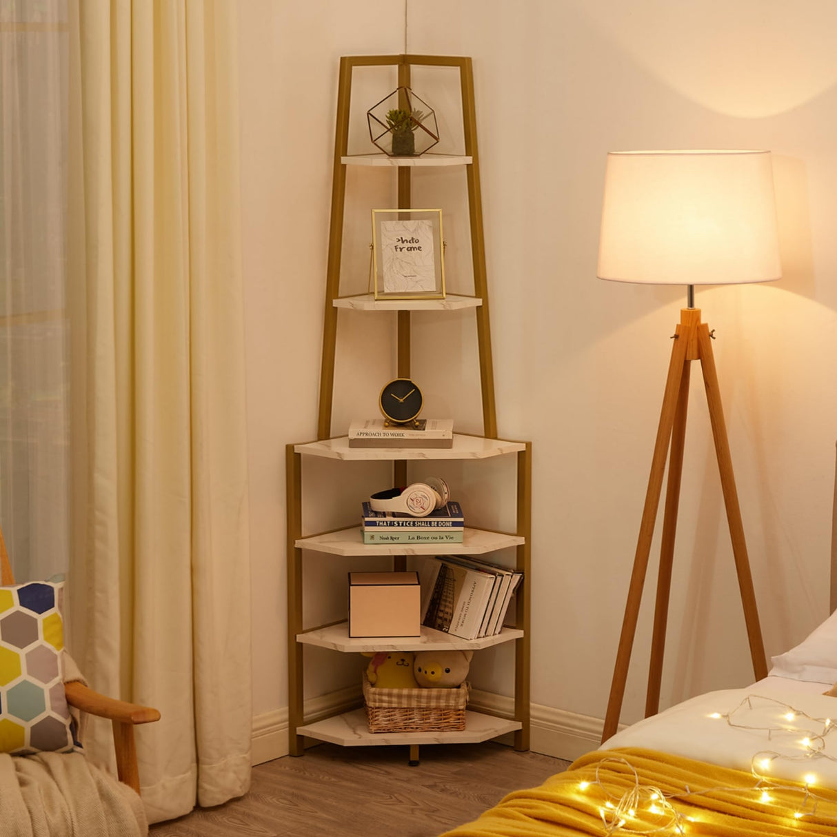 VECELO 6 Tier Corner Shelf 69 Inch Industrial Bookshelf with Metal Frame, Multipurpose Tall Plant Stand with Opening Display Shelves for Living Room, Bedroom, Home Office, Small Space, Gold VECELO