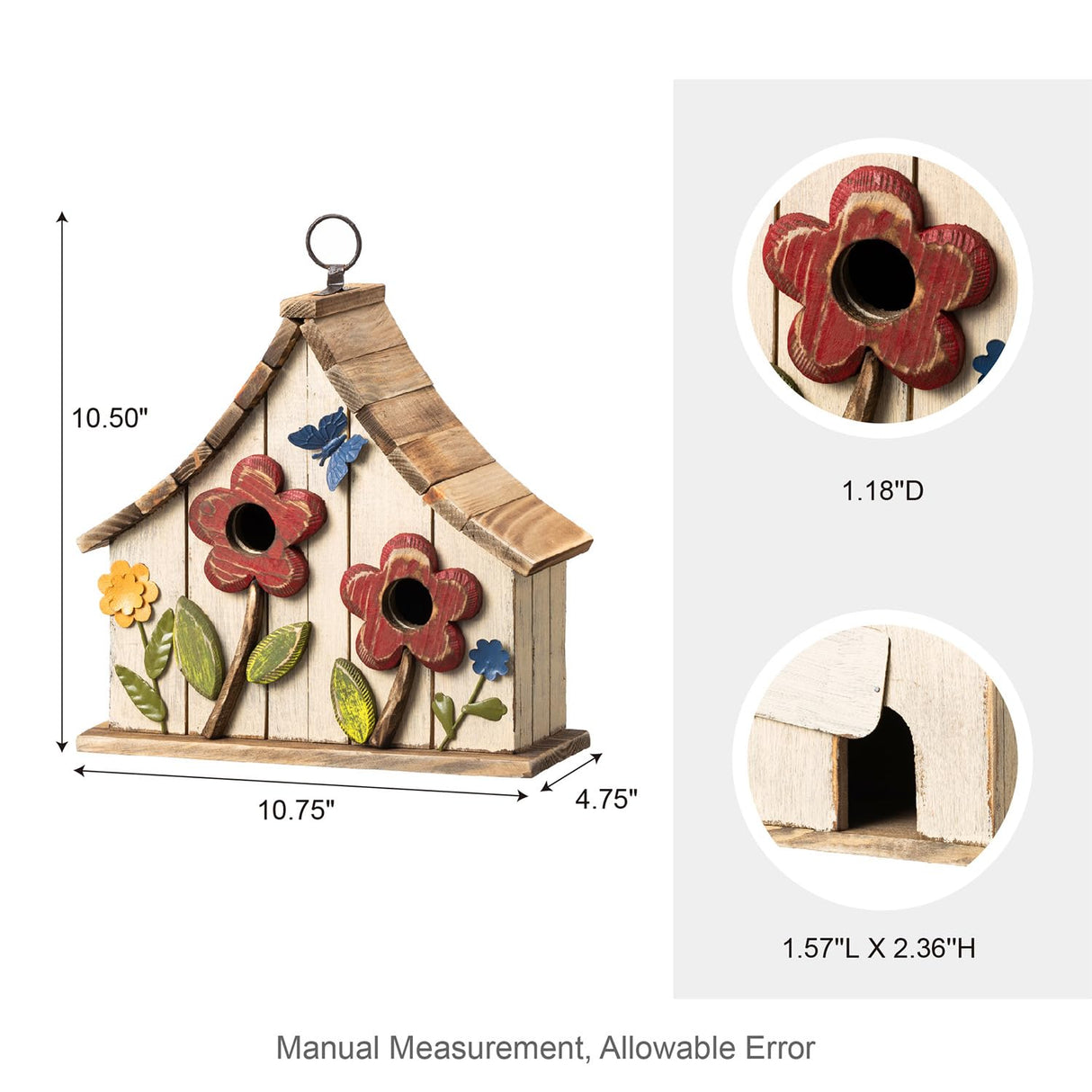 Glitzhome 10.75" L Distressed Solid Wood Birdhouse with 3D Flowers Rustic Two-Story Townhouse Hand-Painted Bird Houses for Garden Outdoors,Washed White glitzhome