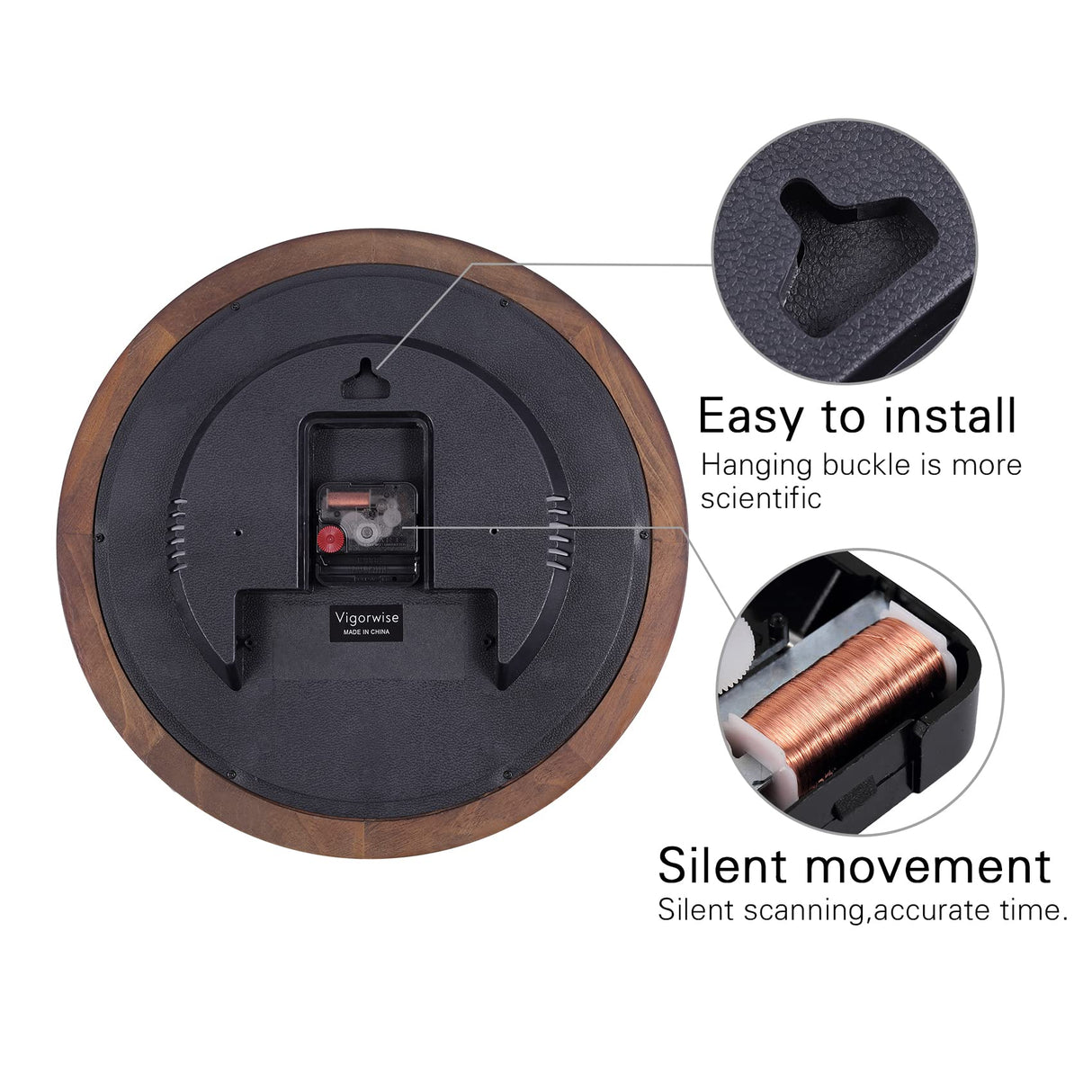 Vigorwise 14 Inch Wooden Wall Clock, Retro Wood Wall Clocks Battery Operated, Large Silent Sweep Movement Accurate Wall Clock for Living Room Bedroom Housewarming Xmas New Year Present Vigorwise