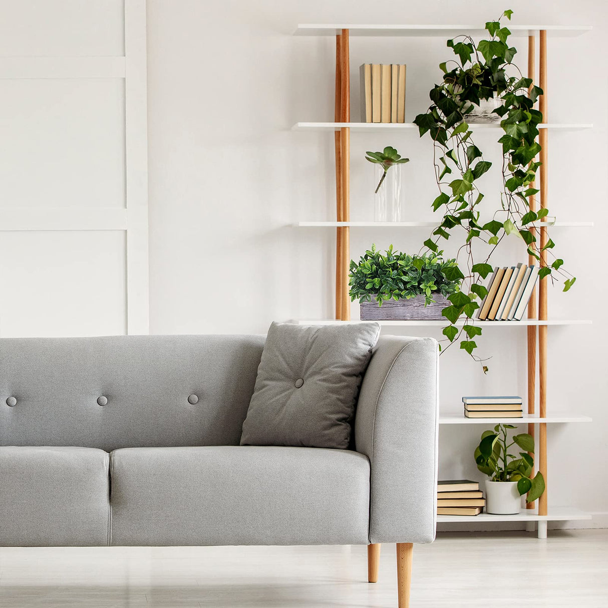 Artificial Eucalyptus Plant in Rustic Rectangular Wooden Planter Box Faux Potted Herb Plant Greenery Arrangement for Farmhouse Indoor Wedding Table Centerpiece Mantel Shelf Kitchen Decor Winlyn