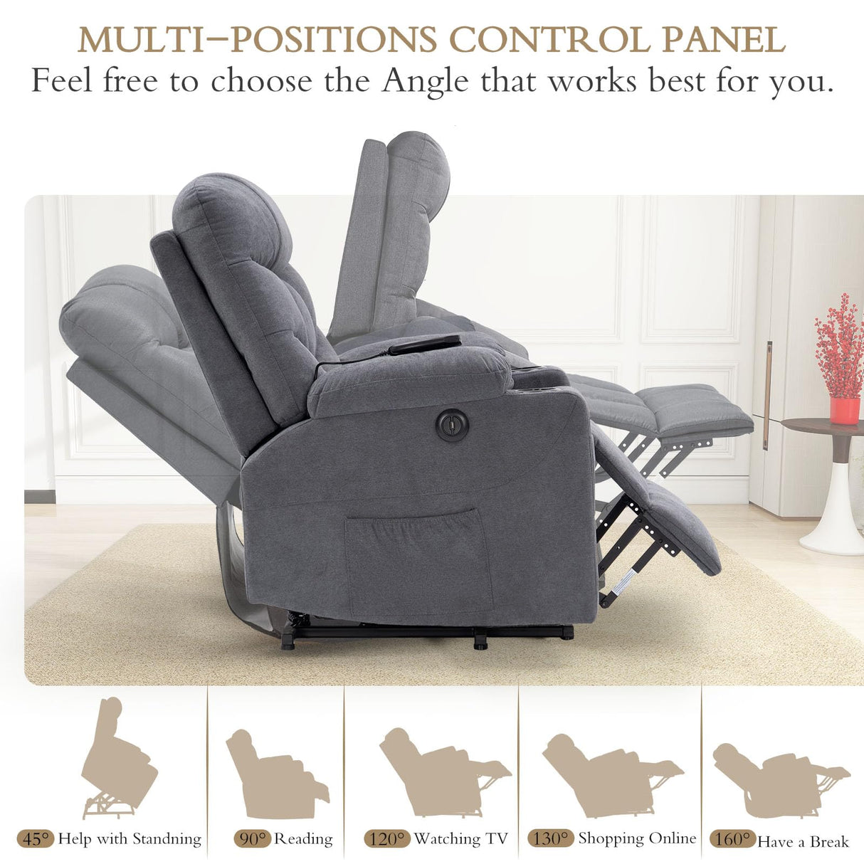 Esright Modern Electric Recliner Chair for Adults, Heavy Duty Power Lift Recliner with Heated Vibration Massage, Side Pockets, USB Charge Port & Cup Holders, Blue Grey Esright