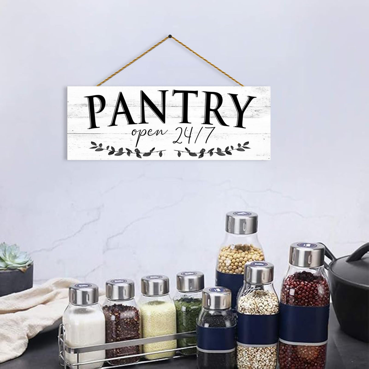 1 KINGO Rustic Pantry Signs Wall Decor: Farmhouse Kitchen Wall Art 6" x 14.5" Canvas Print Decorative Plaque Wall Hanging Open 24/7 Sign for Pantry Dining Room Home Decor 1 KINGO