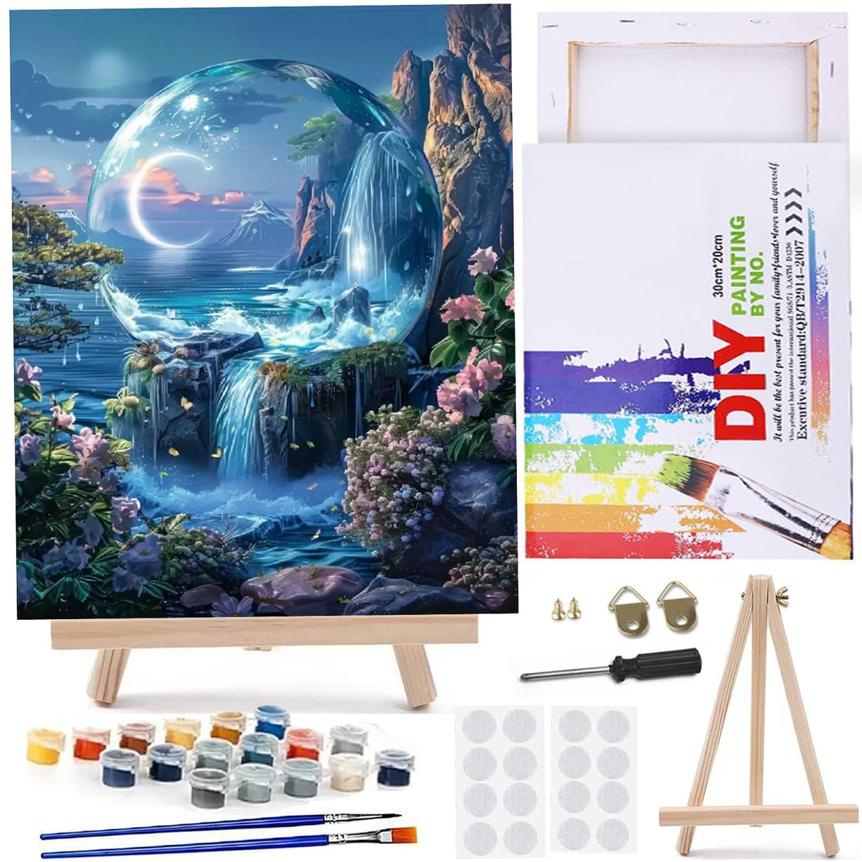 MaiMMaledy Paint by Numbers Kit for Adults Beginners Canvas Pictures with Framed Drawing Painting Acrylic Pigment with Wooden Triangle Easel Waterfall Night View 8Wx12L inch MaiMMaledy