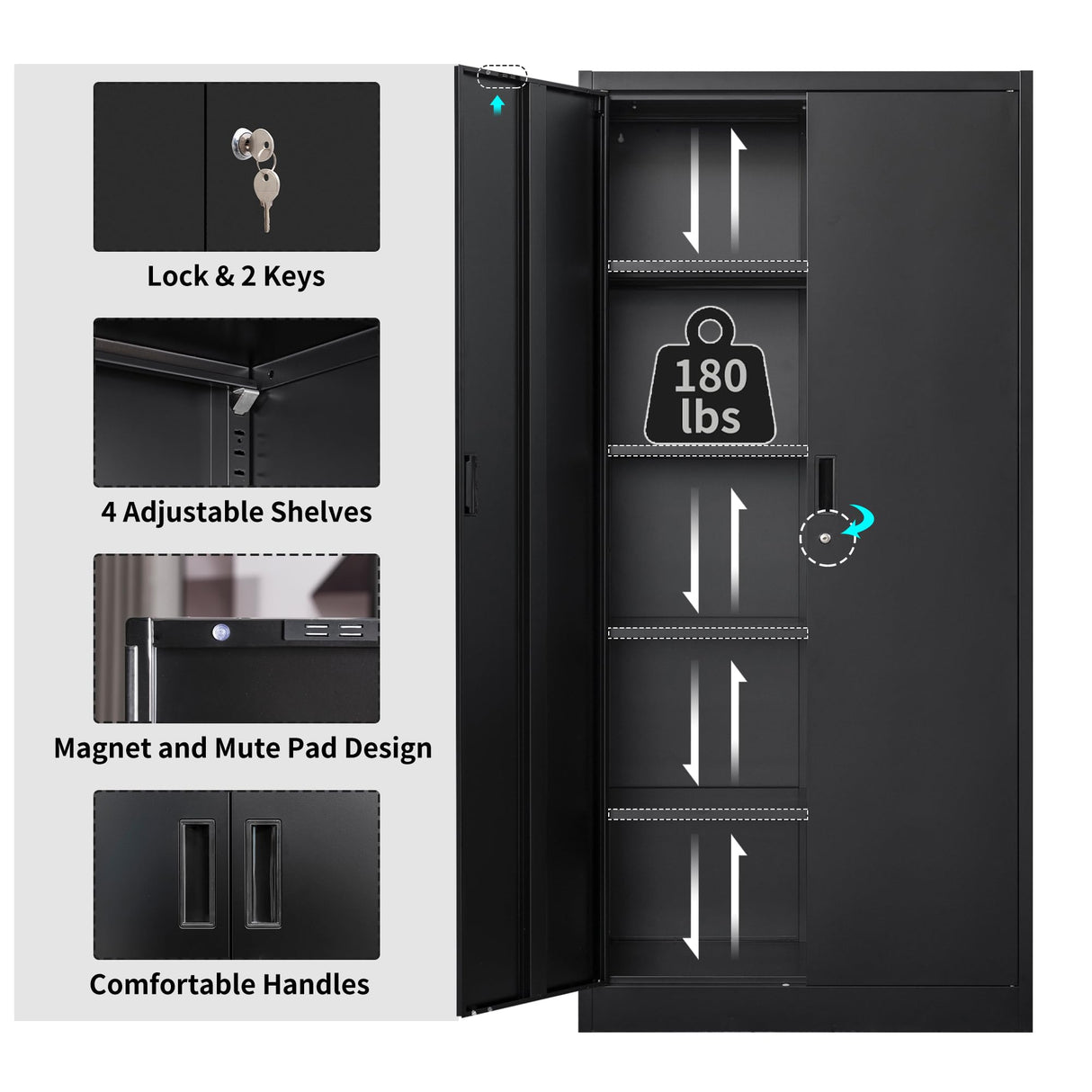 Metal Storage Cabinet, Locking Cabinet with Adjustable Shelves, 18" D x 36" W x 72" H Garage Storage Cabinets for Home, Office, Warehouse- Black Wanfu