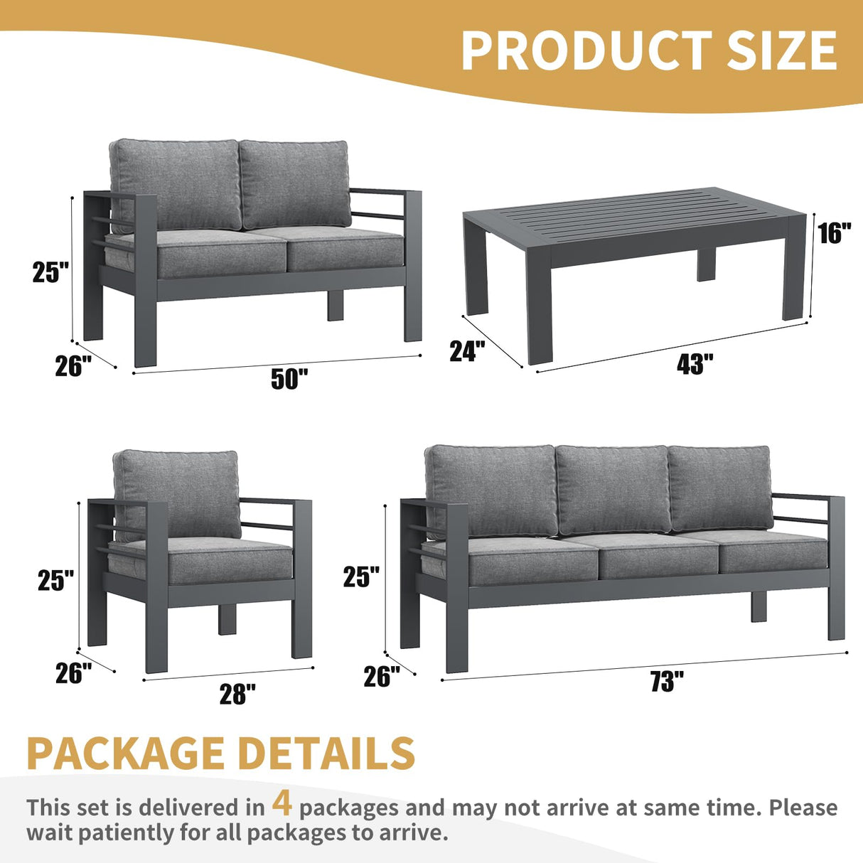 LayinSun Outdoor Aluminum Furniture Set, 5 Pieces Patio Sectional Conversation Chat Sofa Modern Seating Set with Coffee Table LayinSun