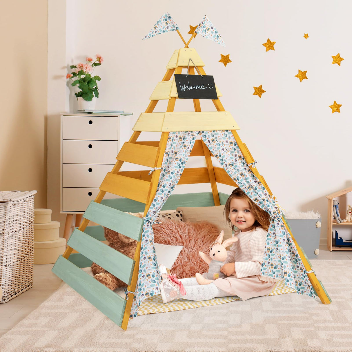 HONEY JOY Teepee Tent for Kids, Large Kids Play Tent w/Fir Wood Frame, Removable Chalkboard & Flags, Indoor Outdoor Playhouse Toddler Tent, 53.5" x 53" x 67", Kids Tent for Boys Girls 3-8 Years Old HONEY JOY