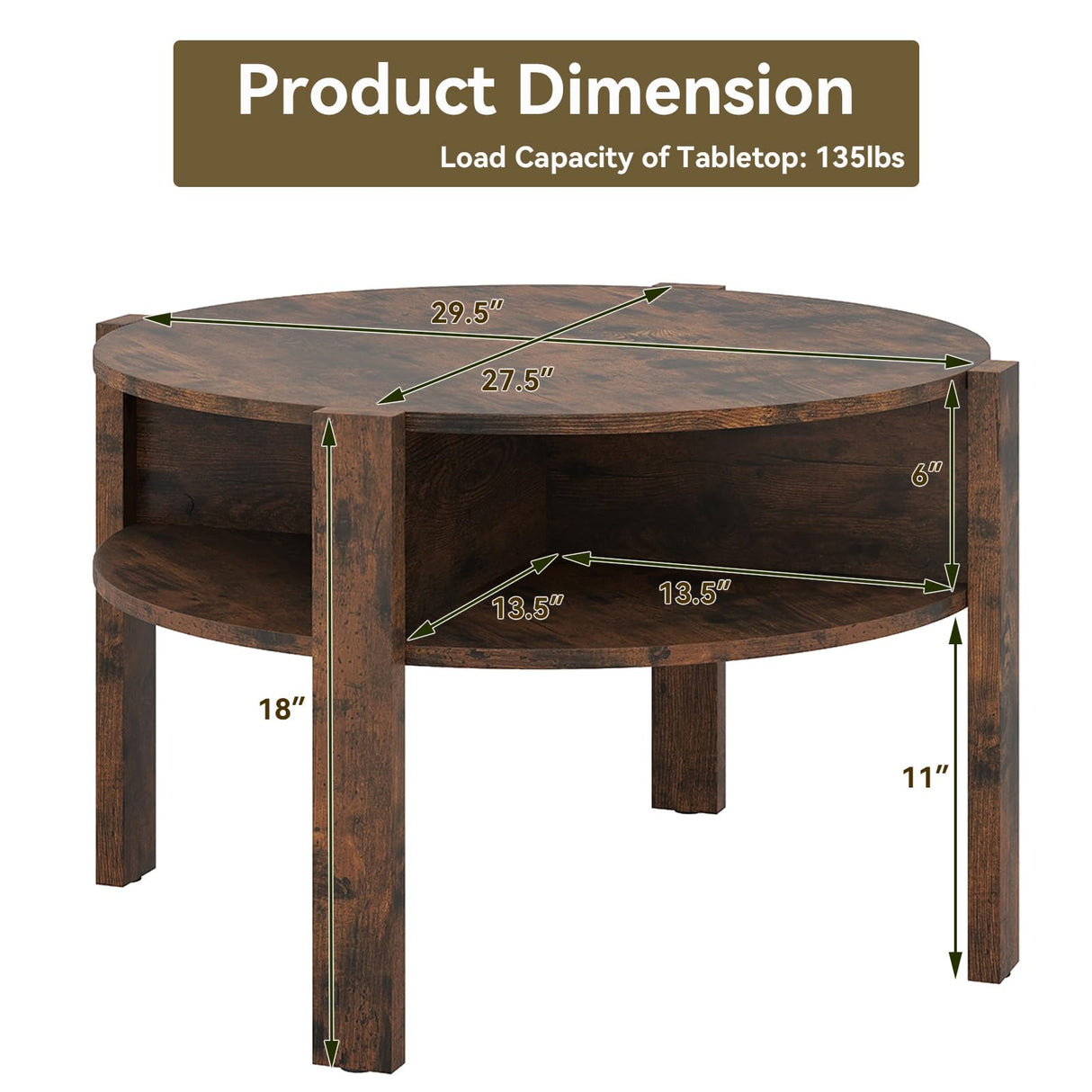 Giantex Round Coffee Table, 2-Tier Mid Century Modern Tea Cocktail Table with Storage Shelves & 4 Side Compartments, Wood Center Table for Living Room, Small Spaces (Rustic Brown) Giantex