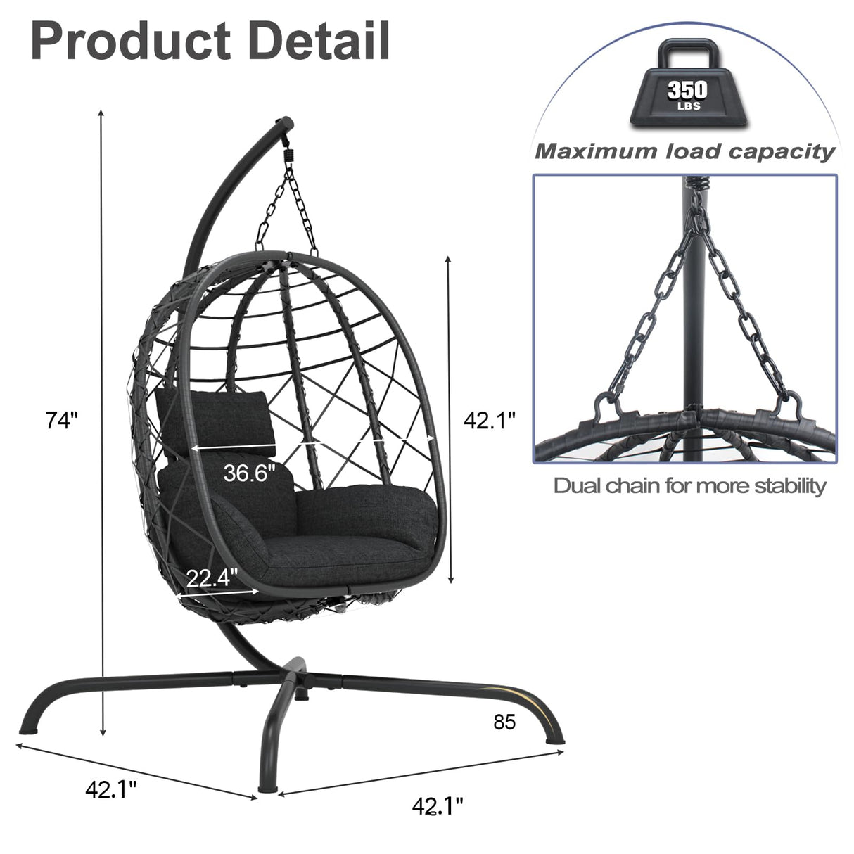 LUTINLIX Wicker Egg Chair Outdoor Indoor,Foldable Patio Hanging Egg Chair with Stand,Swing Chair with UV Resistant Cushion 350lbs Capacity for Bedroom, Patio, Garden and Balcony (Black+Dark Grey) LUTINLIX