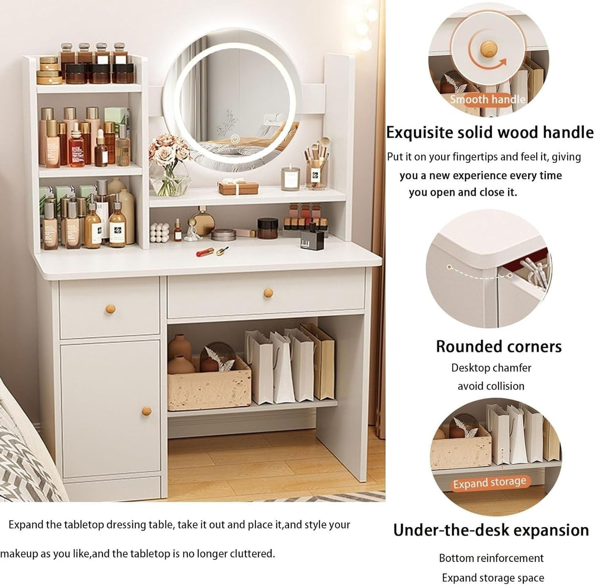 MONGMON Dressing Table,Makeup Table with Drawers, Vanity Desk with Mirror and led Lights,3 Lighting Mode,Makeup Vanity Desk,Multifunctional Makeup Writing Desk for Bedroom (White) MONGMON