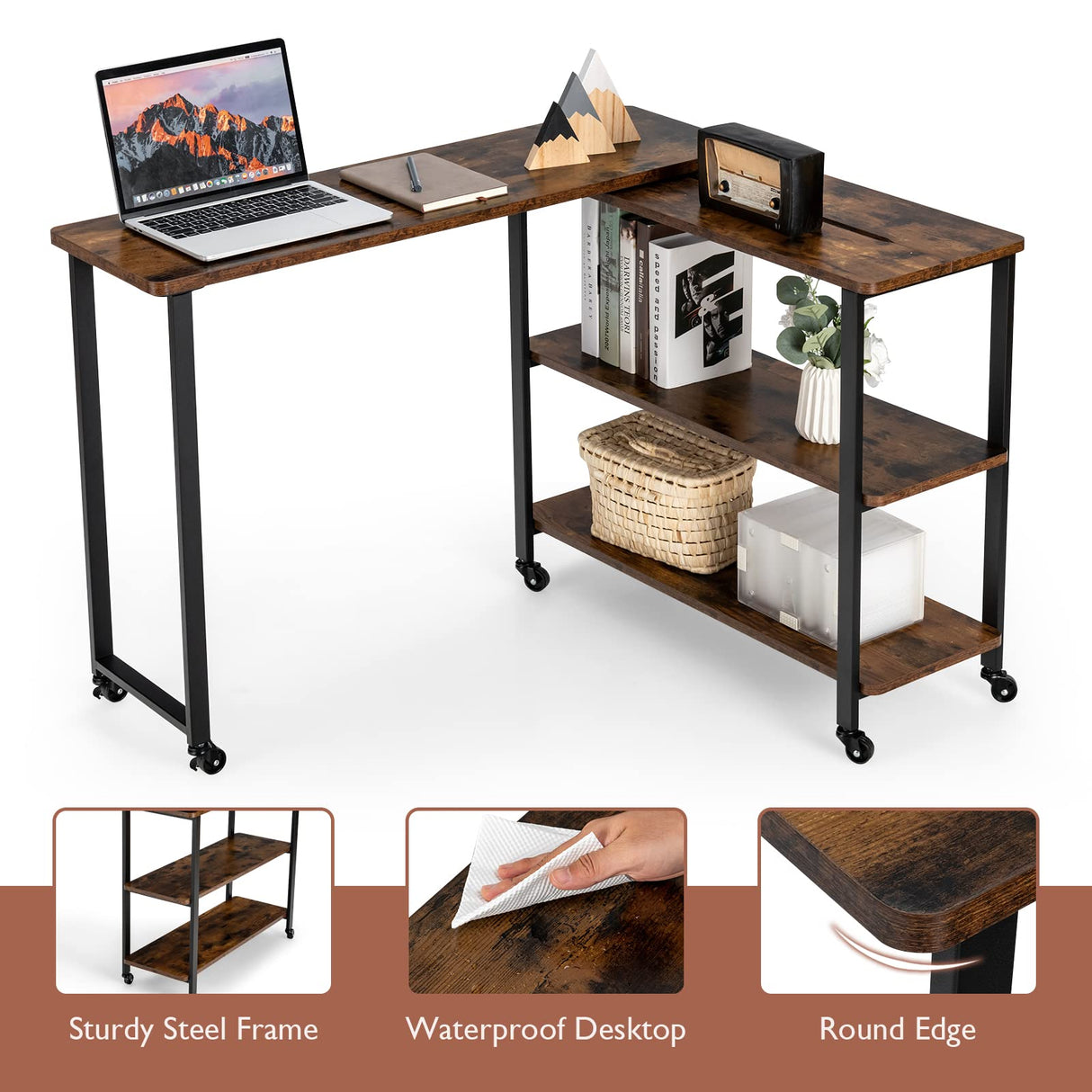 Tangkula Large 360° Free Rotating Sofa Side Table, Patented Mobile Couch Desk with 2-Tier Storage Shelves, Movable Laptop Table with Sturdy Metal Frame, Couch Table Snack Table for Home Office Tangkula