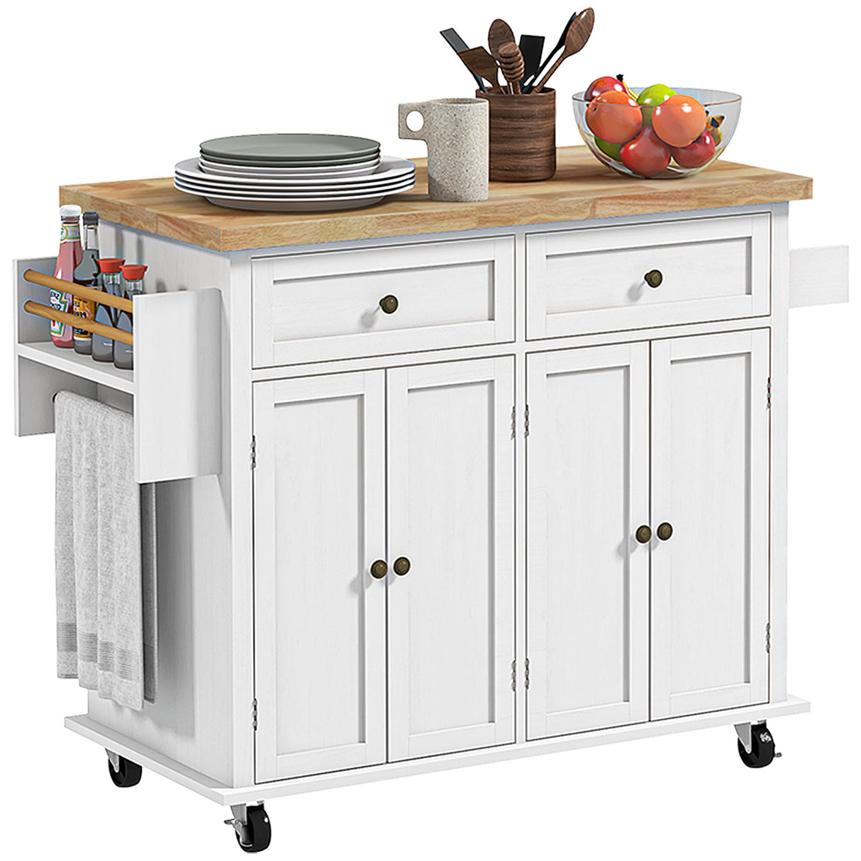 HOMCOM Kitchen Island on Wheels, Rolling Cart with Rubberwood Top, Spice Rack, Towel Rack and Drawers for Dining Room, Distressed White HOMCOM