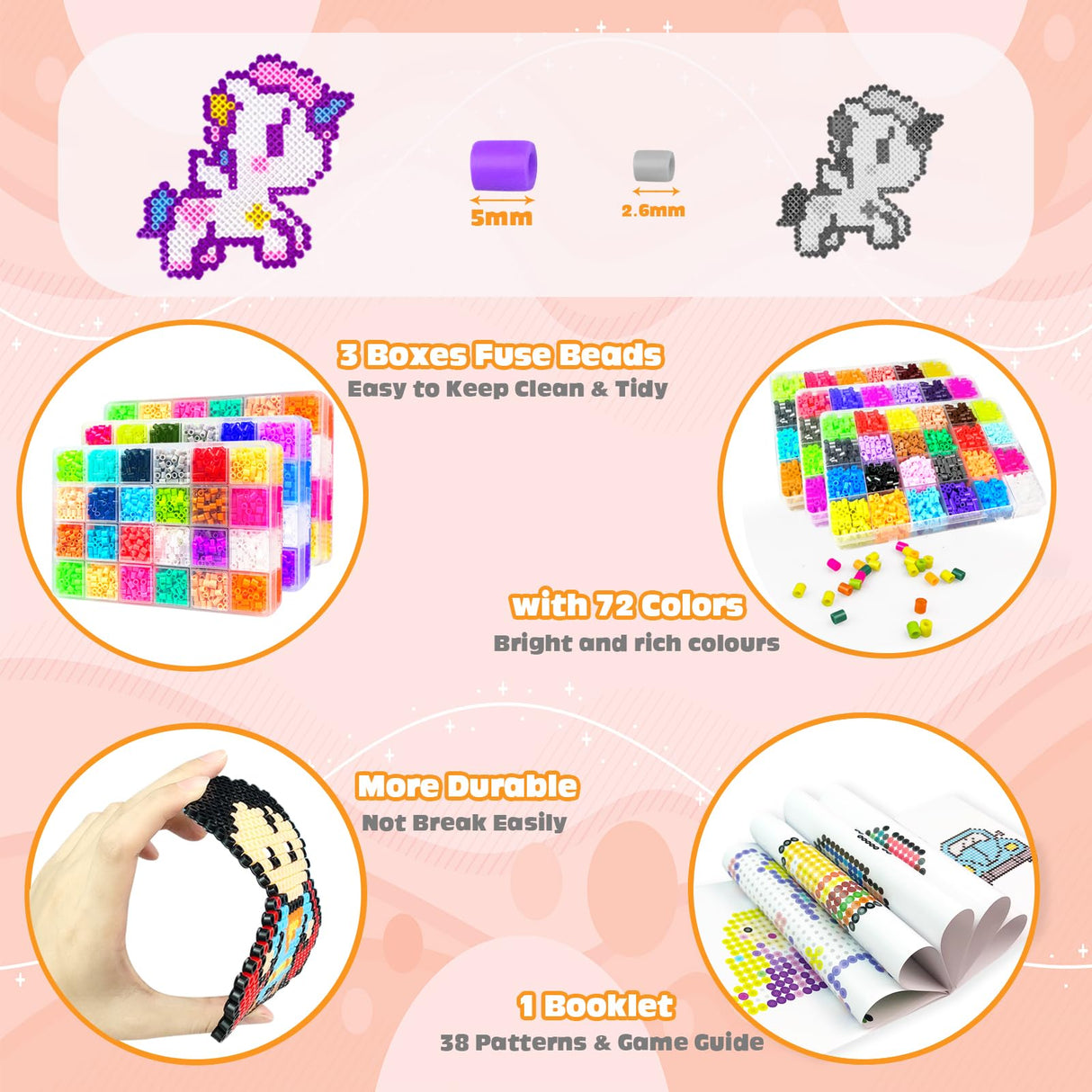 Fuse Beads Kit - 72 Colors 5mm Fuse Beads Set with Pegboards, Ironing Papers and Accessories, Fuse Beads 3 Boxes, DIY Craft Kits for Kids, Arts and Crafts Gifts for Girls & Boys Christmas Birthday AJAZPER