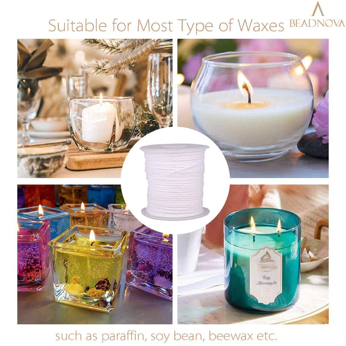 BEADNOVA Braided Candle Wick Spool 200 ft Cotton Roll Core Braided Wick for Candle Making and DIY (61m/67yard/200 Foot) BEADNOVA