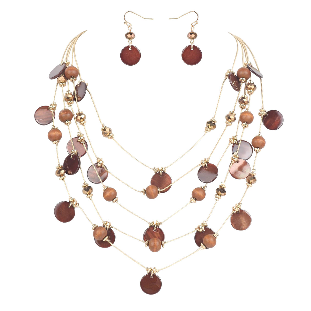 Firstmeet Handmade Multi-Layer Round Shell Wooden Beads Necklace with Earrings(XL-1101-Brown) Firstmeet