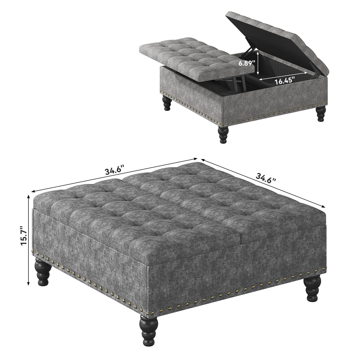 iabifo Large Square Storage Ottoman Bench,Versatile Lift-Top Coffee Table, Toy Box Footrest for Living Room in Chenille, Grey iabifo