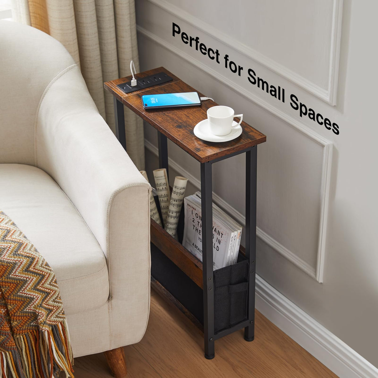 Slim Charging End Table with Storage - For Small Spaces and Bedroom BAMGROW