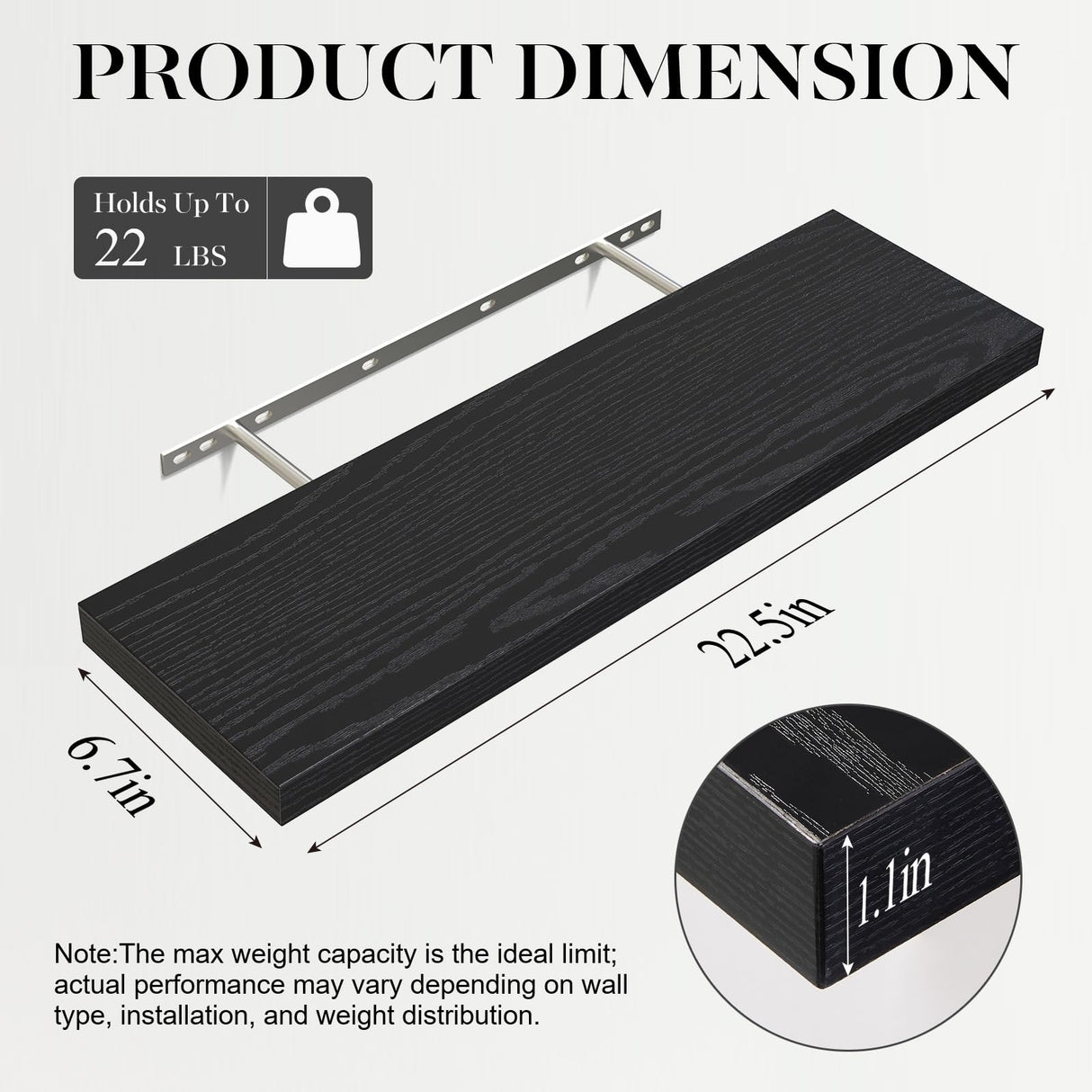 BAYKA Floating Shelves for Wall, 22.5 inches Wall Mounted Rustic Wood Shelves for Bathroom, Bedroom, Living Room, Floating Shelves for Books/Storage/Decor with 22lbs Capacity(Black,Set of 3) BAYKA