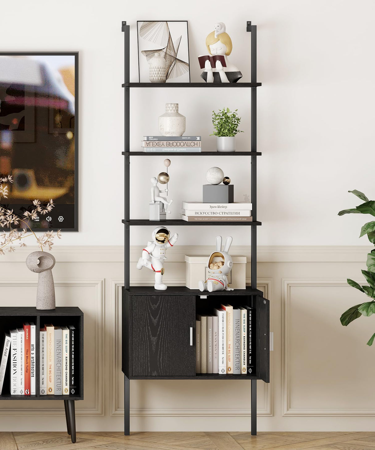 Yusong 73" Tall Bookshelf with Cabinet, Industrial Ladder Wall Mount Shelf Bookcase with Wood and Metal Frame, Plant Shelf Wall Storage Display for Living Room Bedroom, Black Wood Grain Yusong