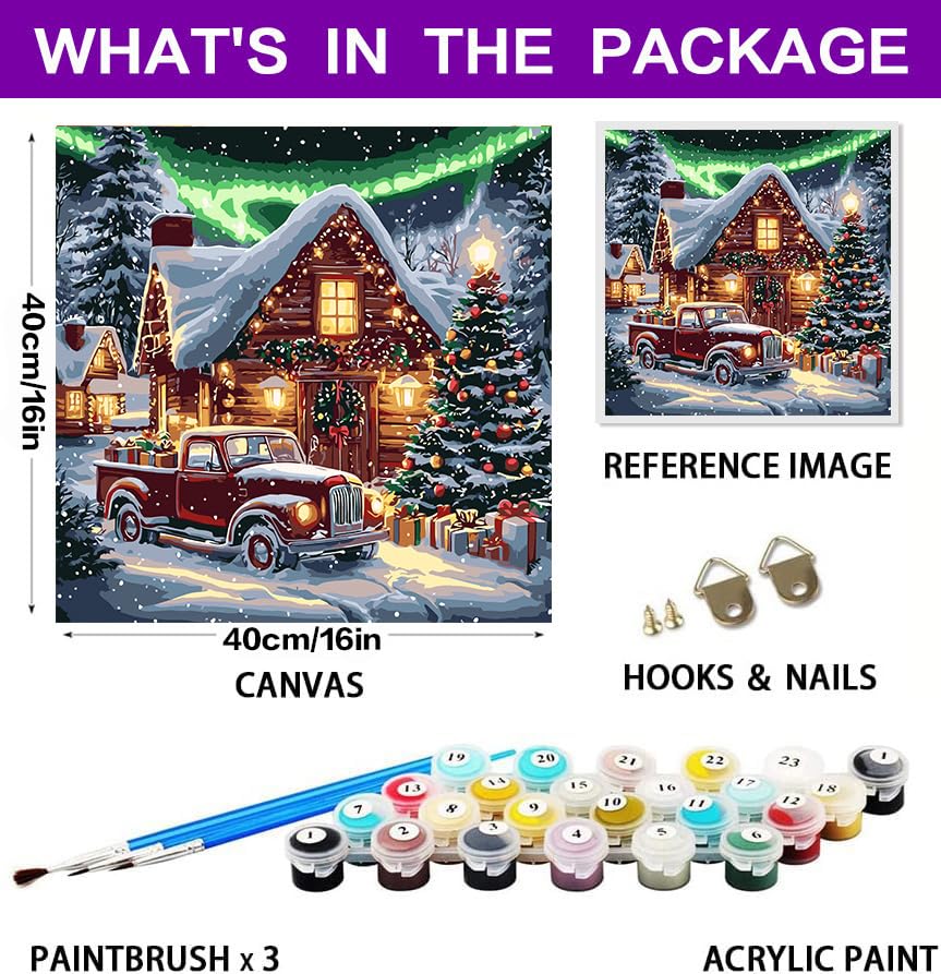 Christmas Paint by Numbers Kit for Adults, Red Truck Paint by Numbers Kits for Adults Beginners, Acrylic Painting for Home Wall Decor 16x16 inch croshom
