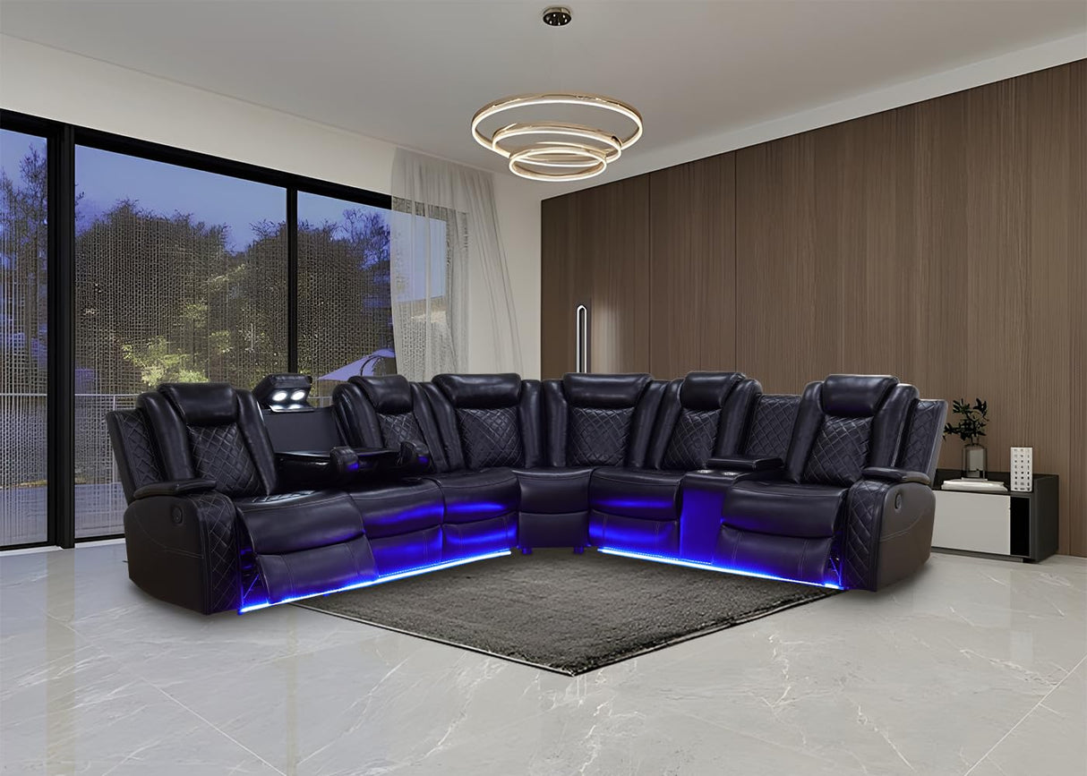 Anthato Black Leather Power Recliner Sectional Sofa Set with LED Lights, Modern L-Shaped Reclining Sofa, Reclining Corner Couch with Cup Holders/Storage/Charging Ports for Living Room/Home Theater Anthato